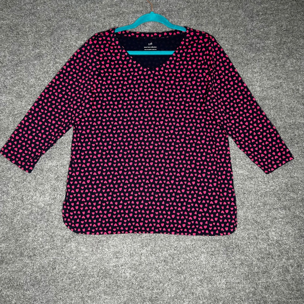 J. Jill More Love Collection Pima Cotton Heart Print V-Neck Tee Navy Pink L